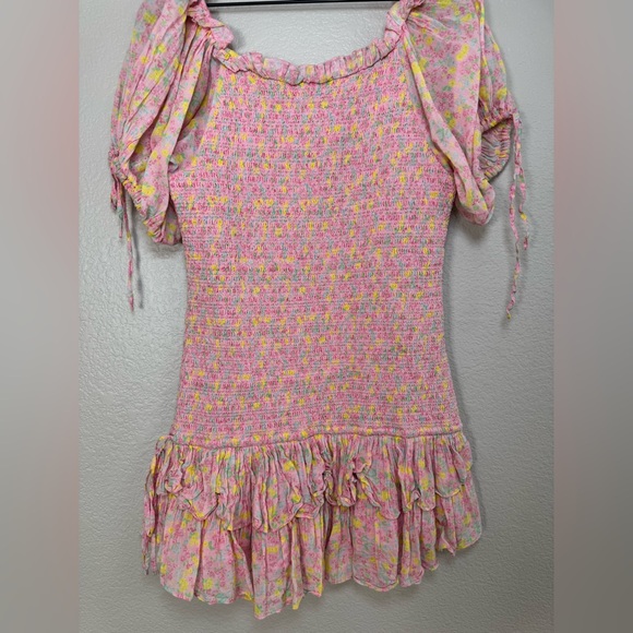 Loveshackfancy Violet Ruffle Mini Dress in Floral Melon Punch size Large $395 - Picture 11 of 16